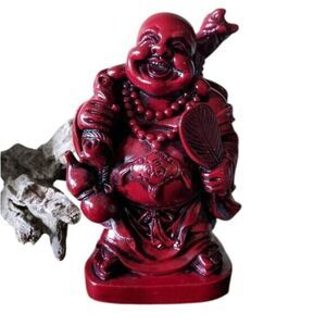 Red Laughing Buddha Hotei Statue Figurine Wealth Luck Home Decor 8 Inch Resin LN